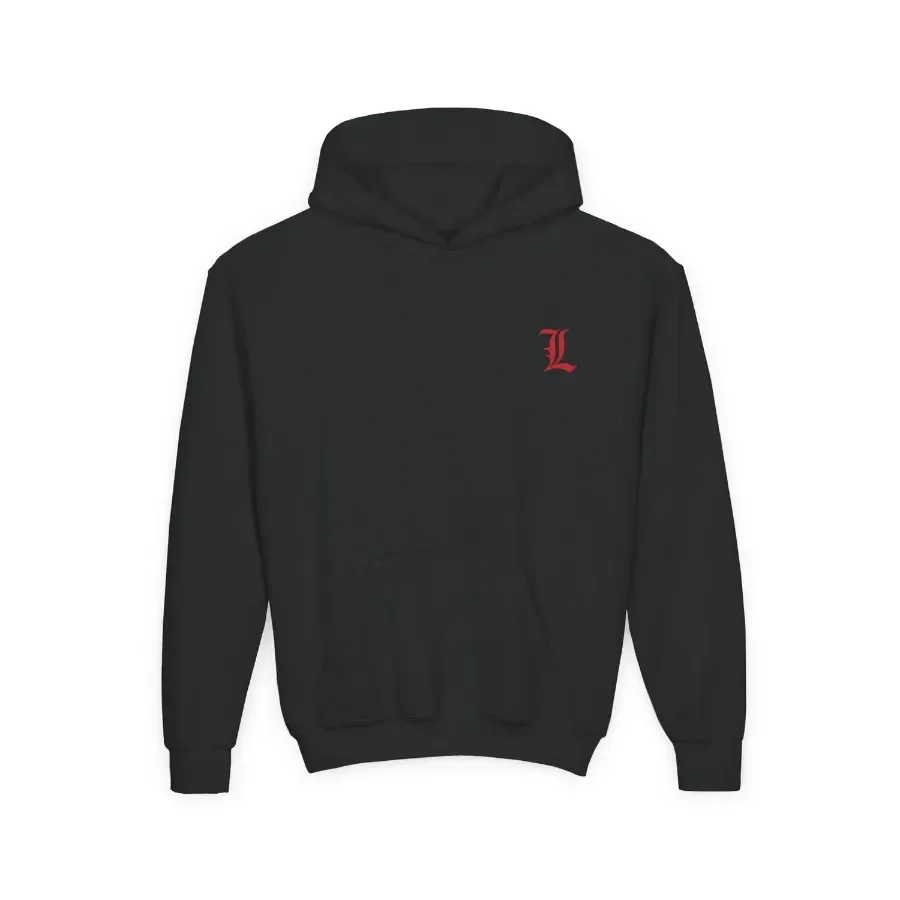 Youth hoodie in black with a red L